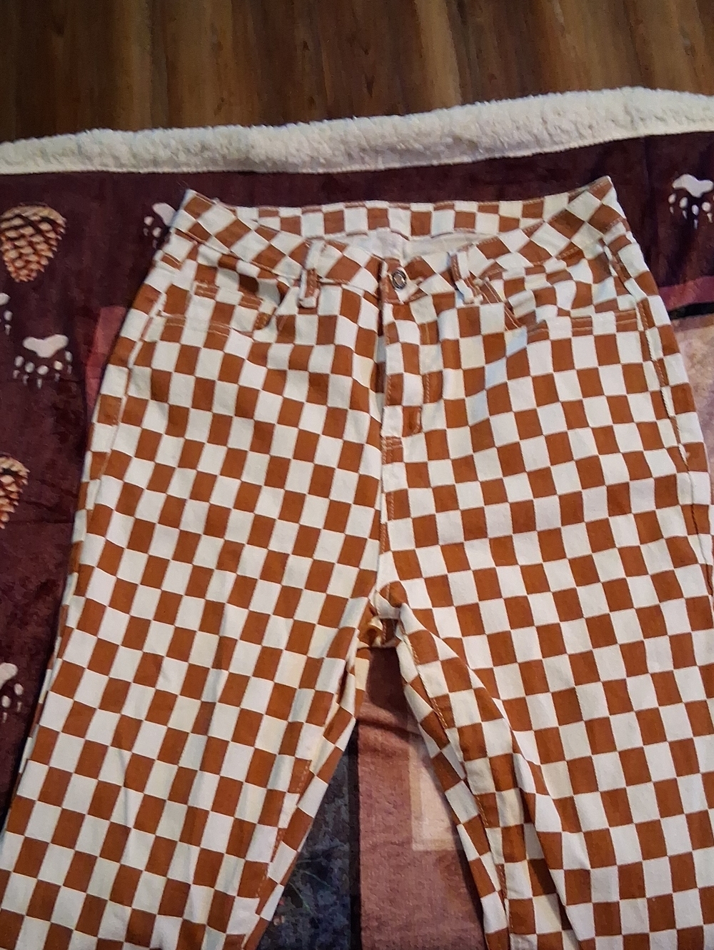 Checkerboard High-Waist Pants in Brown and White